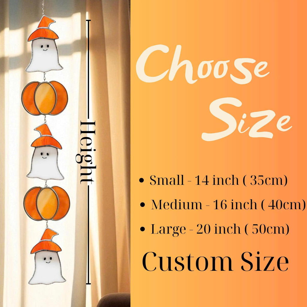 Handmade stained glass Halloween suncatcher featuring cute ghosts with witch hats and orange pumpkins, window hanging decoration