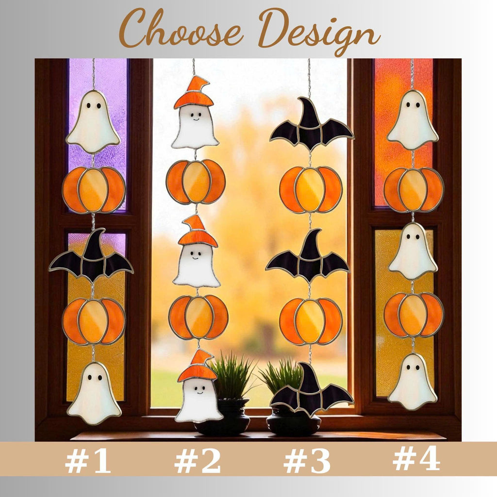 Handmade stained glass Halloween suncatcher featuring cute ghosts with witch hats and orange pumpkins, window hanging decoration