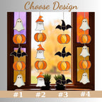 Handmade stained glass Halloween suncatcher featuring cute ghosts with witch hats and orange pumpkins, window hanging decoration