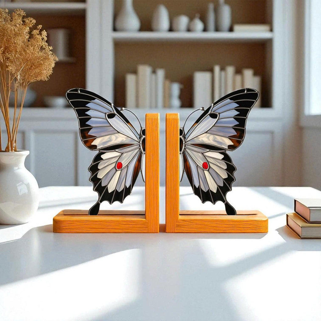 Stained Glass Butterfly Bookends: Handmade Oak Wood, Nature Decor