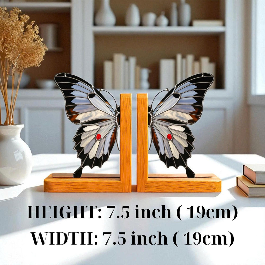 Stained Glass Butterfly Bookends: Gothic Halloween Decor, Oak Wood Base