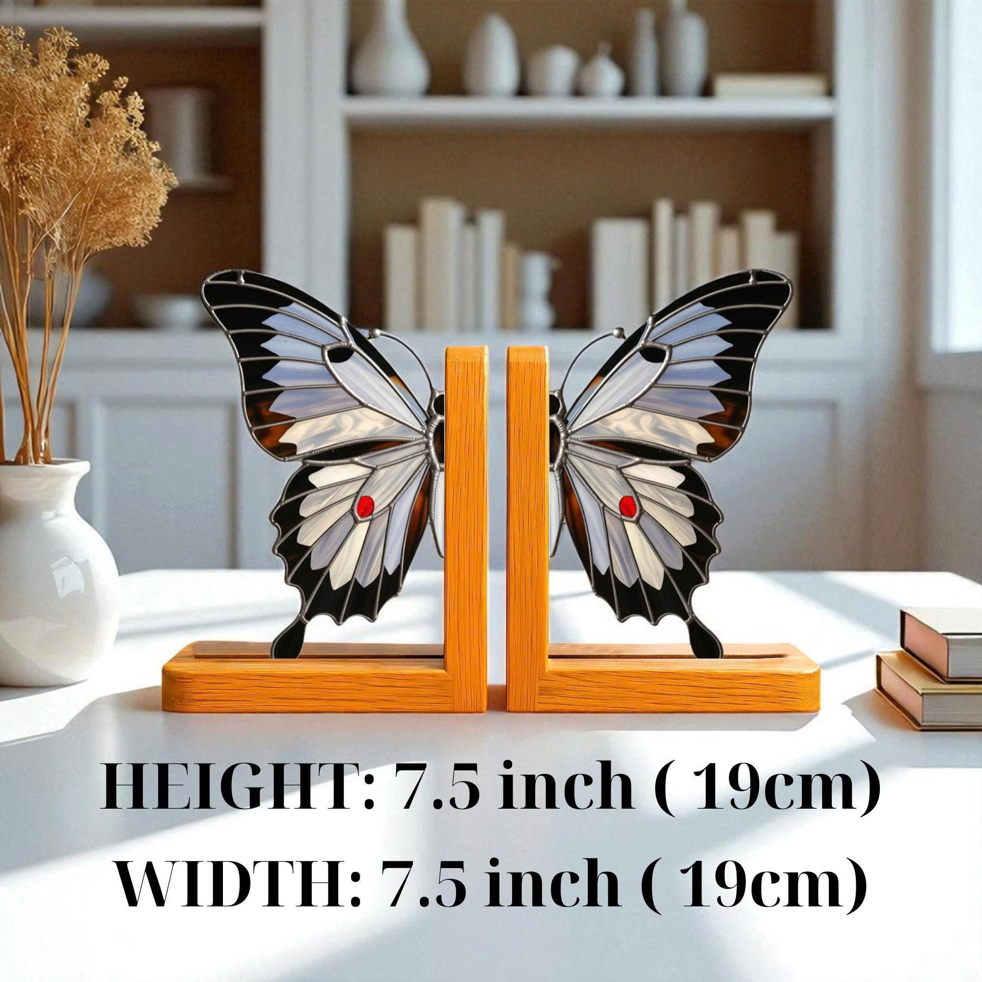 Stained Glass Butterfly Bookends: Gothic Halloween Decor, Oak Wood Base