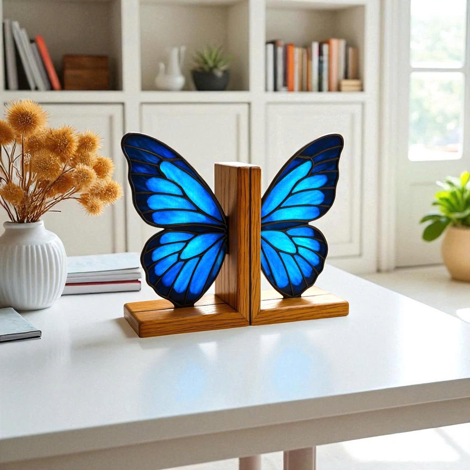 Stained Glass Butterfly Bookends: Gothic Halloween Decor, Oak Wood Base