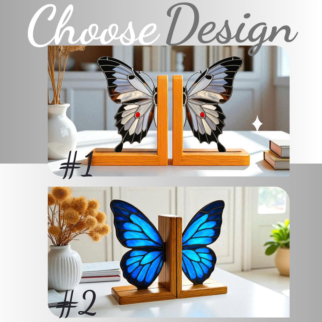 Stained Glass Butterfly Bookends: Gothic Halloween Decor, Oak Wood Base