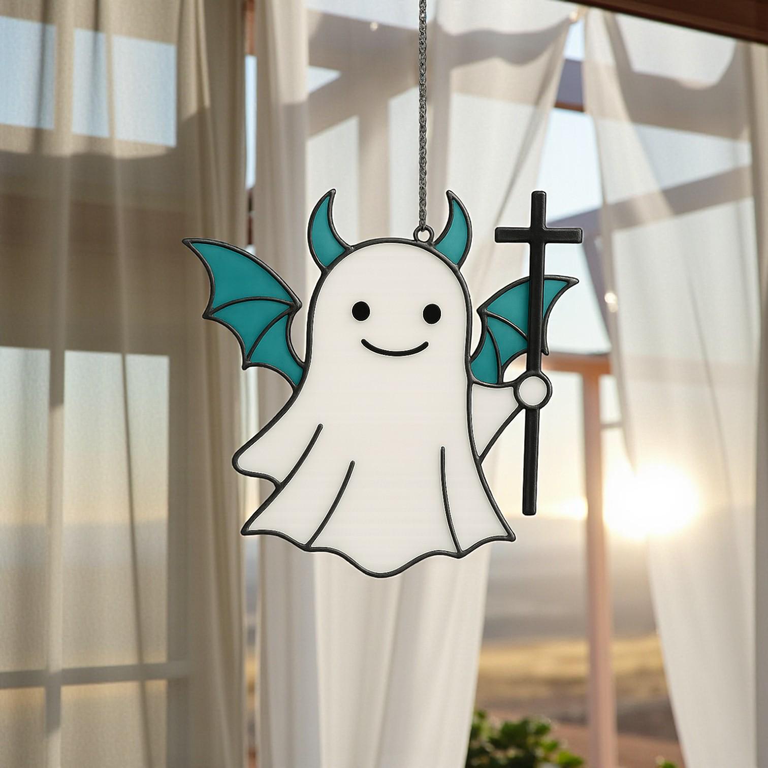 Cute stained glass ghost Halloween ornament for spooky window decoration