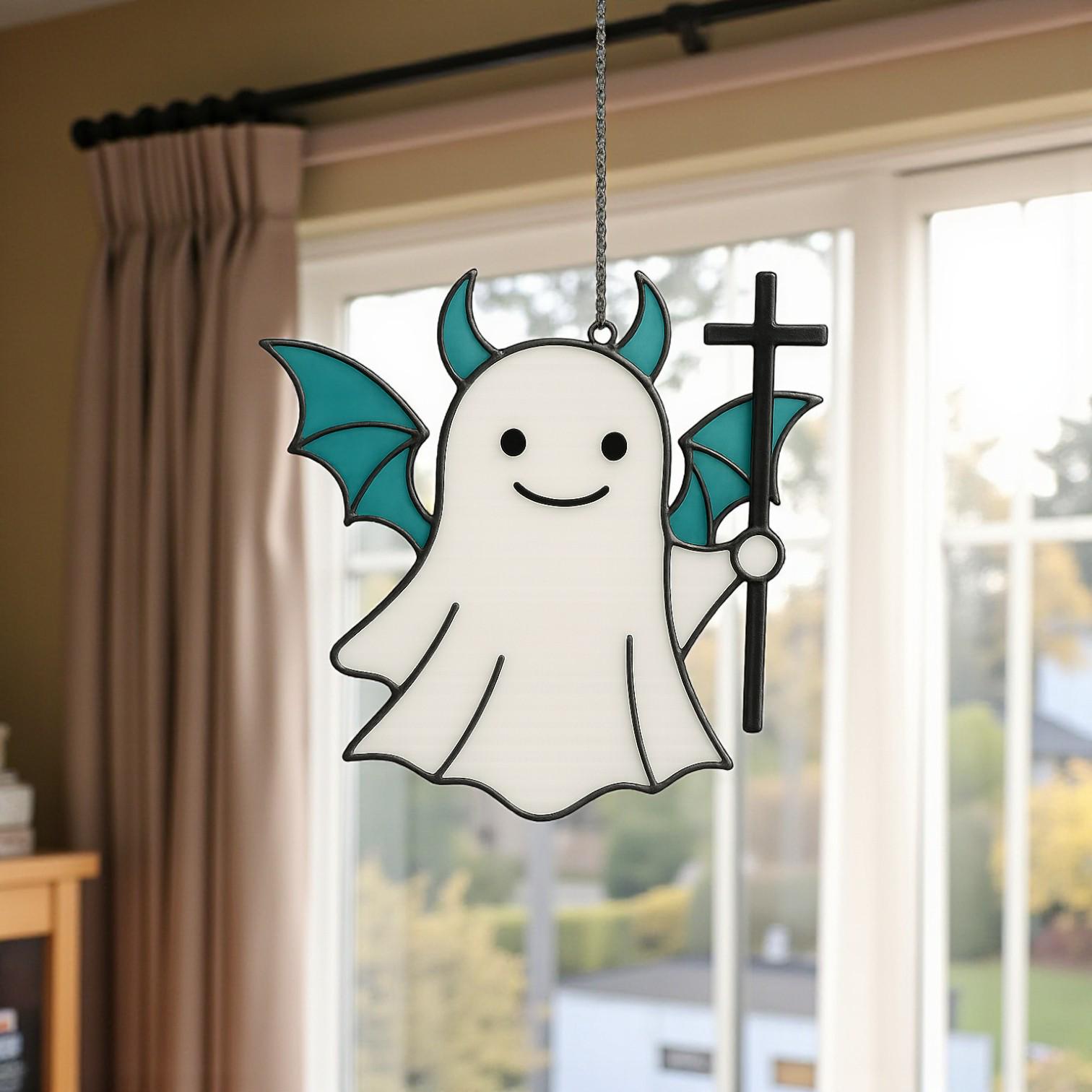 Handmade stained glass smiling ghost Halloween window hanging décor