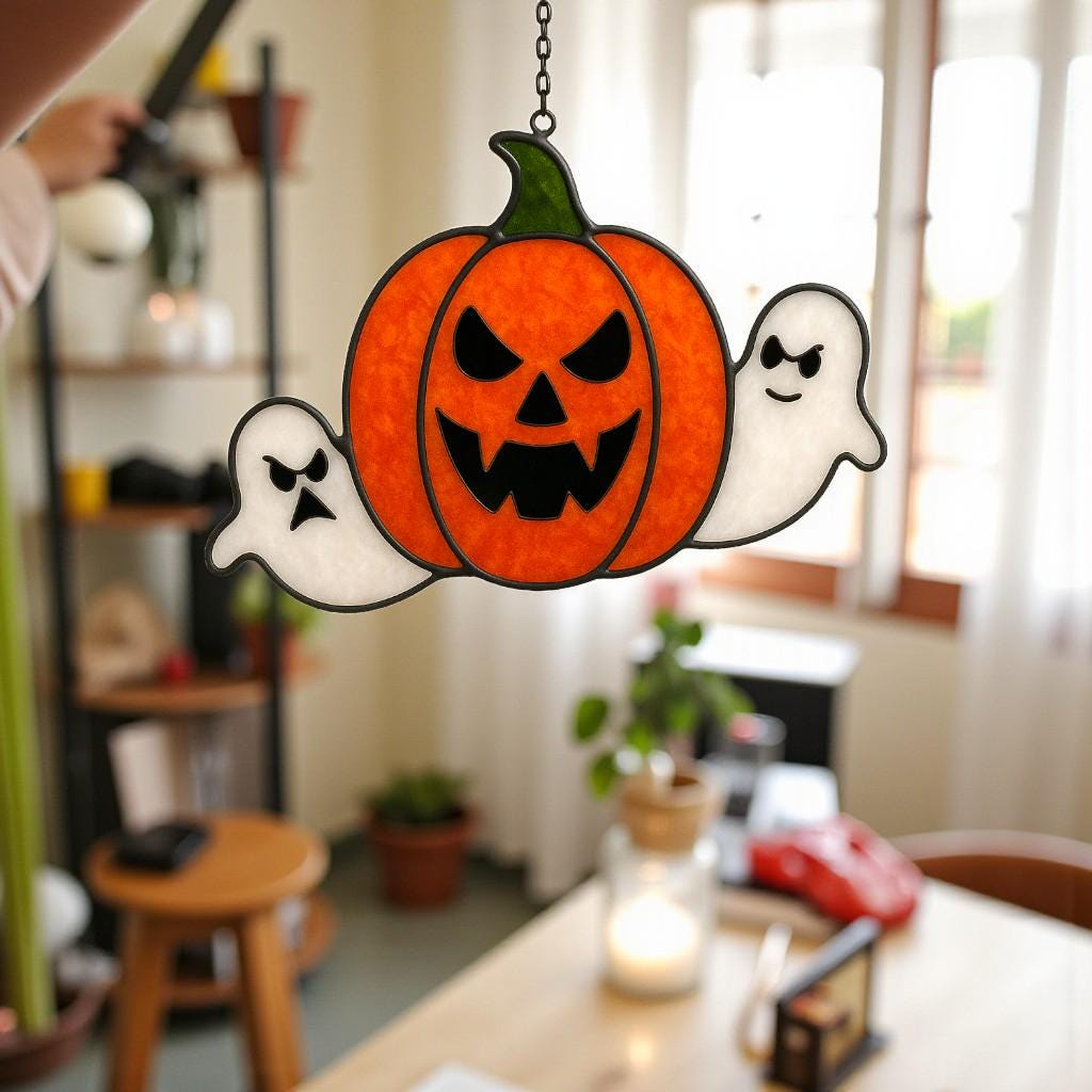 Handmade stained glass pumpkin Halloween ornament with flying ghosts décor