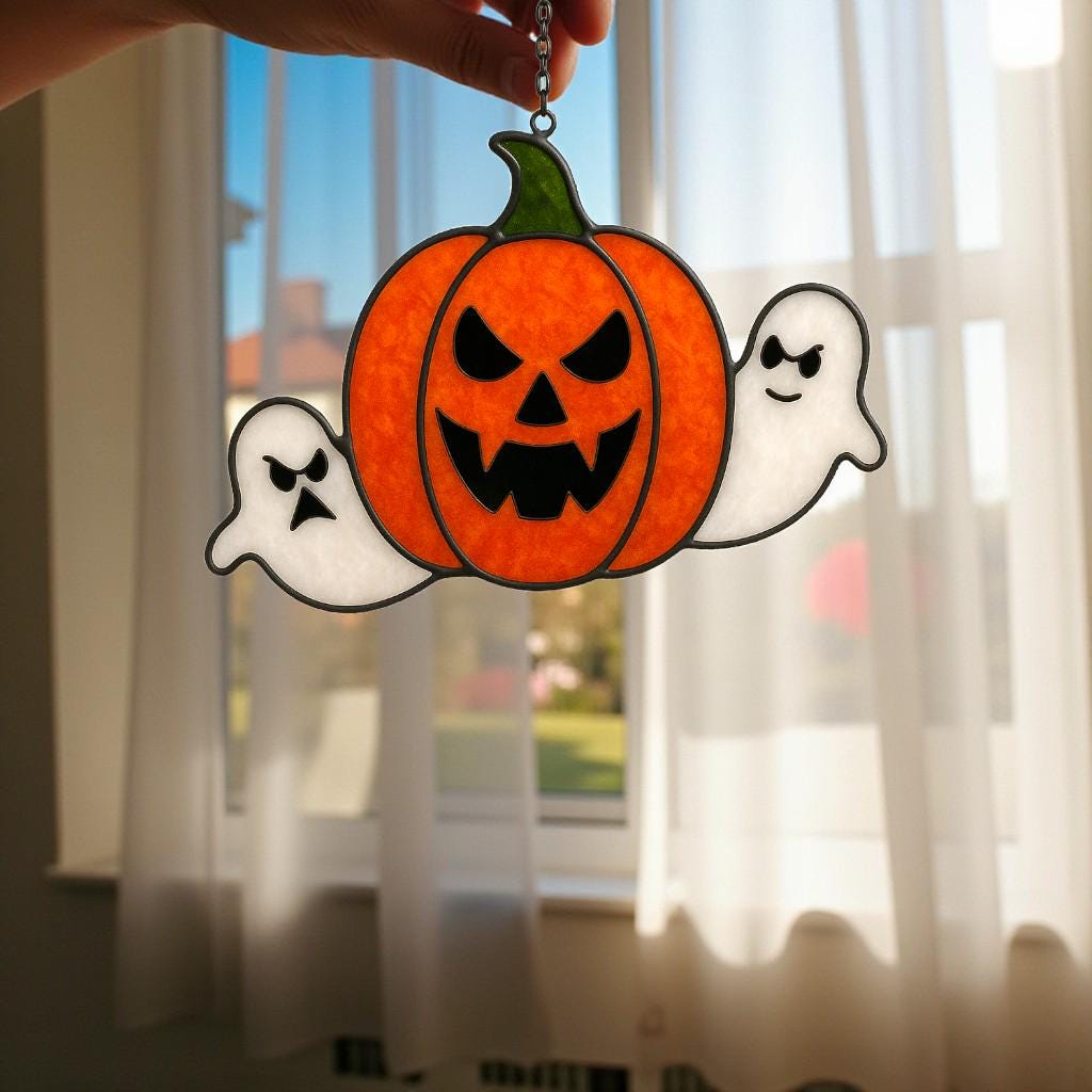 Cute stained glass pumpkin ghost Halloween window hanging decoration