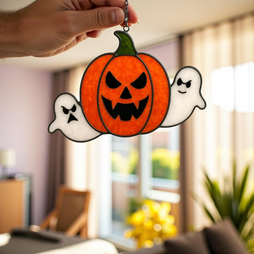 Halloween stained glass pumpkin and ghost suncatcher spooky home decoration