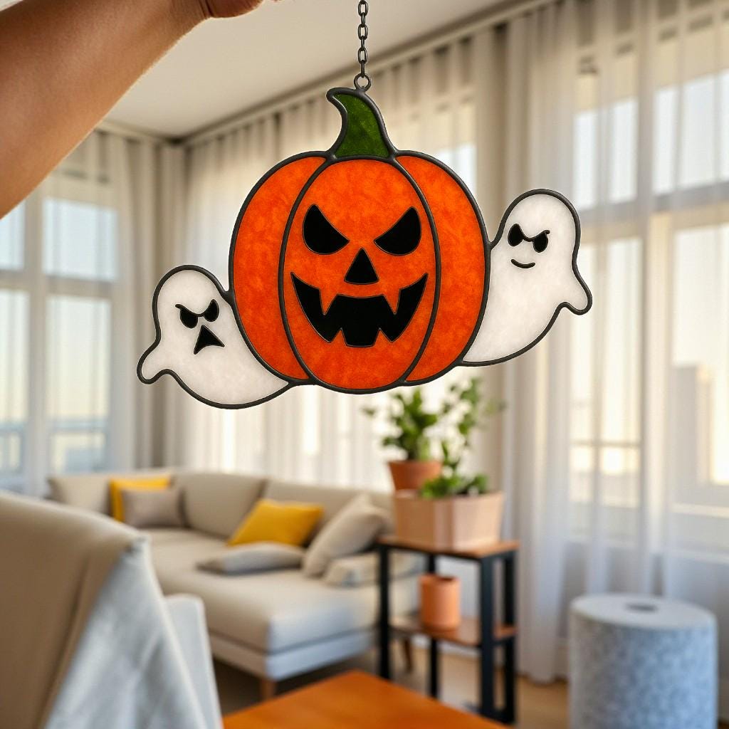 Halloween stained glass pumpkin and ghost suncatcher window decoration