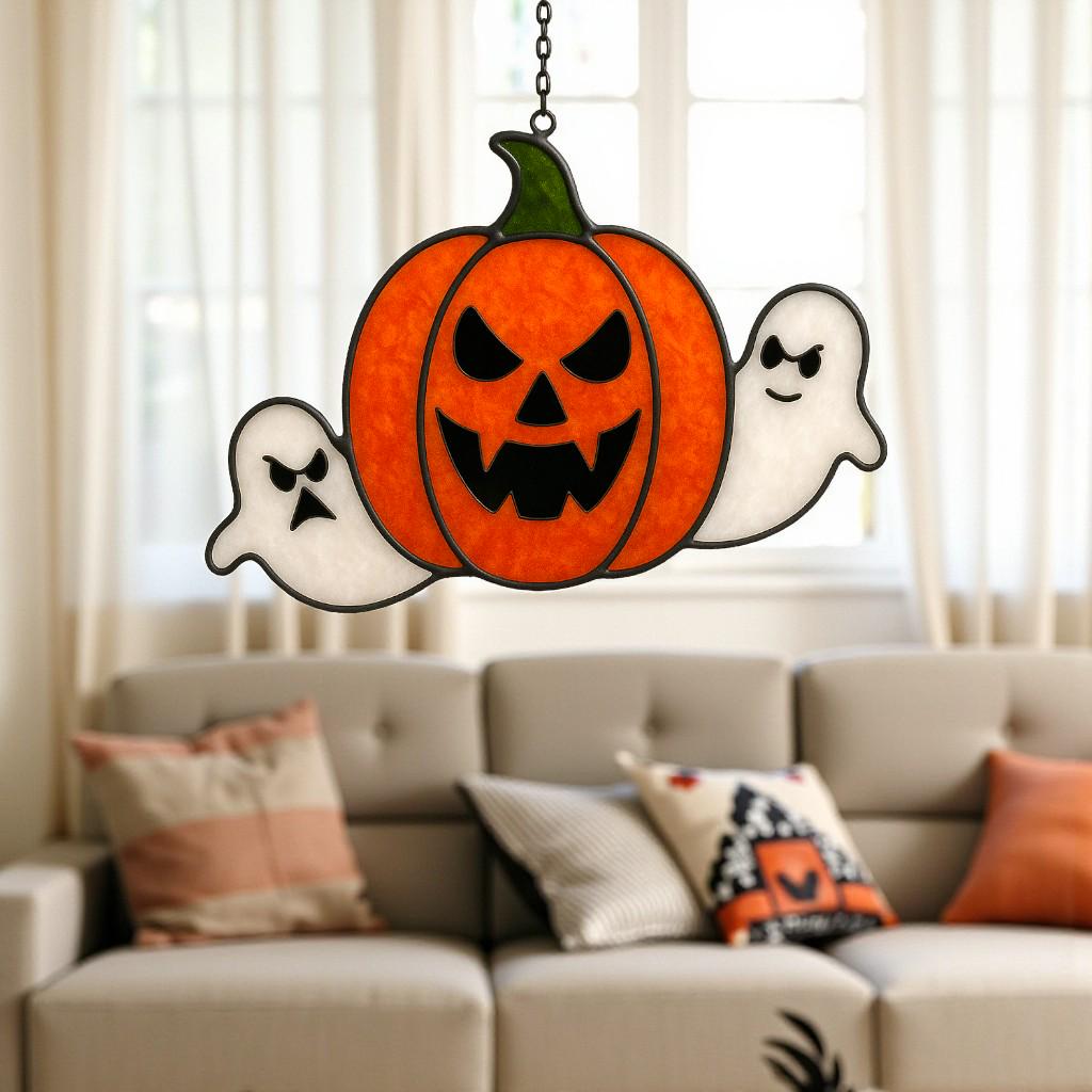 Spooky stained glass pumpkin with ghosts Halloween gothic home décor