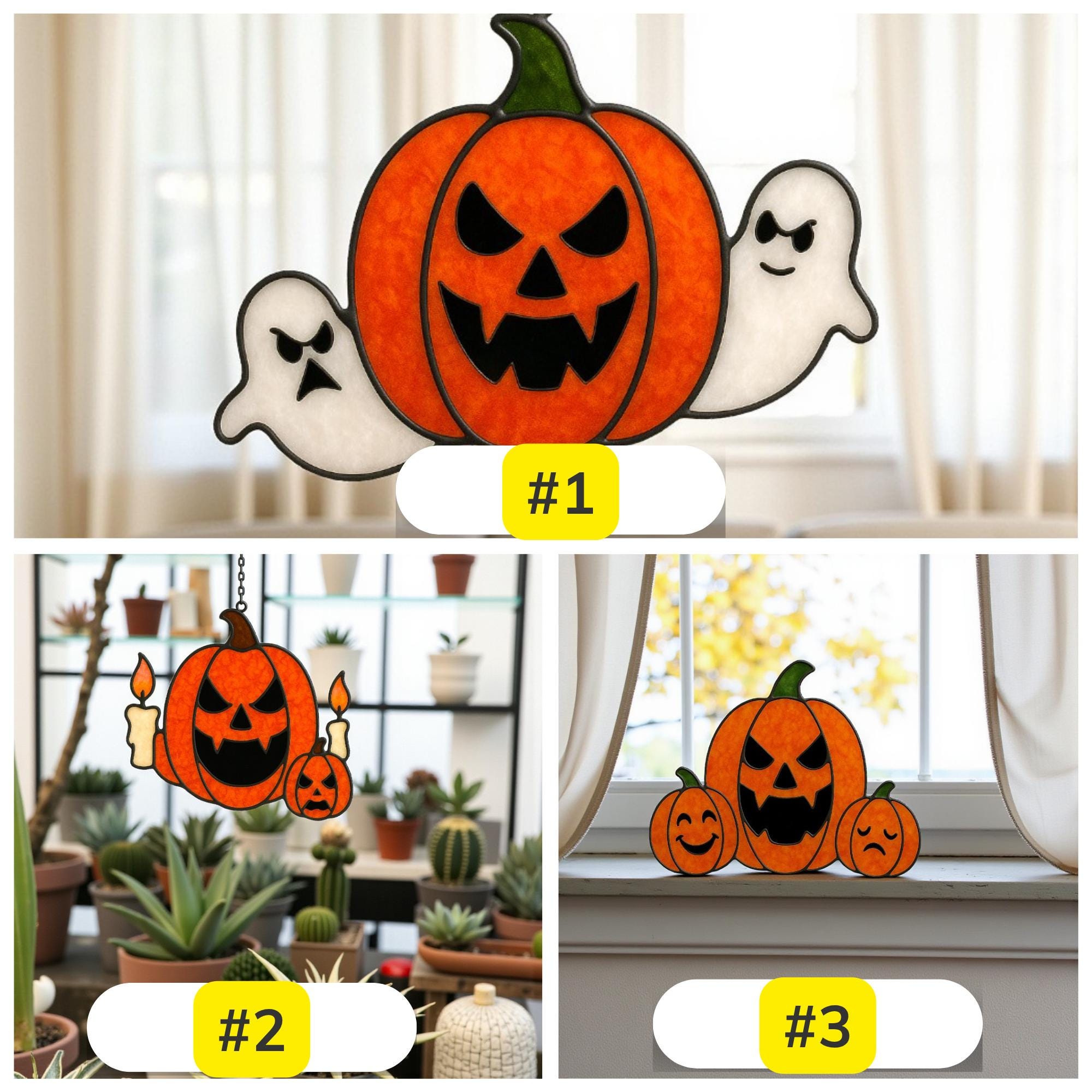 Unique stained glass pumpkin and ghost Halloween window ornament décor