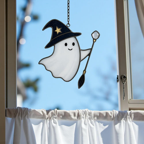 Halloween stained glass wizard ghost suncatcher witch hat window décor