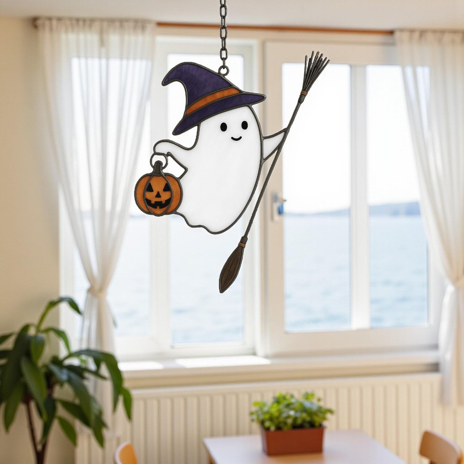 Handcrafted stained glass wizard ghost Halloween window ornament décor