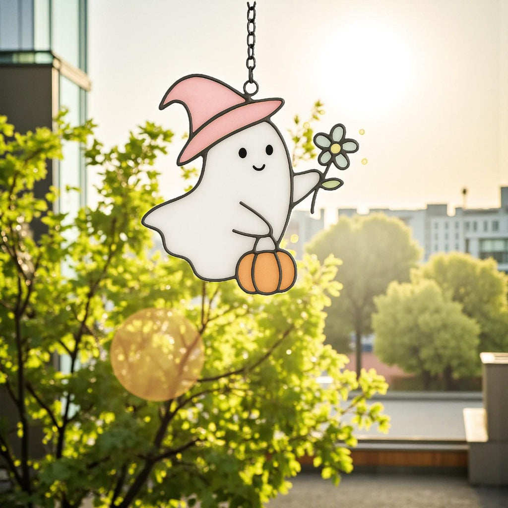 Spooky stained glass wizard ghost ornament for witchy Halloween home décor