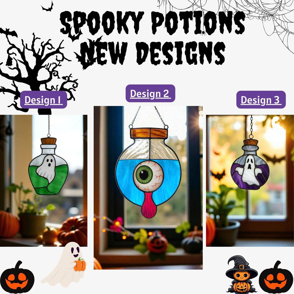New designs of Halloween stained glass potion bottles featuring ghost and eyeball motifs, handmade spooky window hanging decorations.