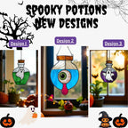 New designs of Halloween stained glass potion bottles featuring ghost and eyeball motifs, handmade spooky window hanging decorations.