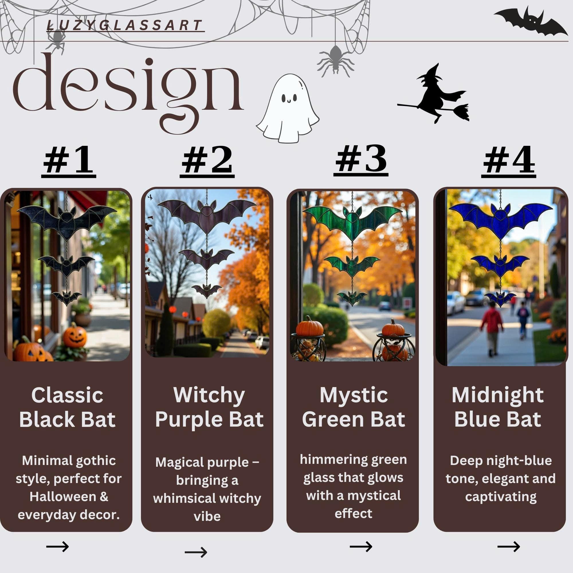 Halloween stained glass bat suncatcher design variations – black, green, purple, blue – whimsical gothic decor.