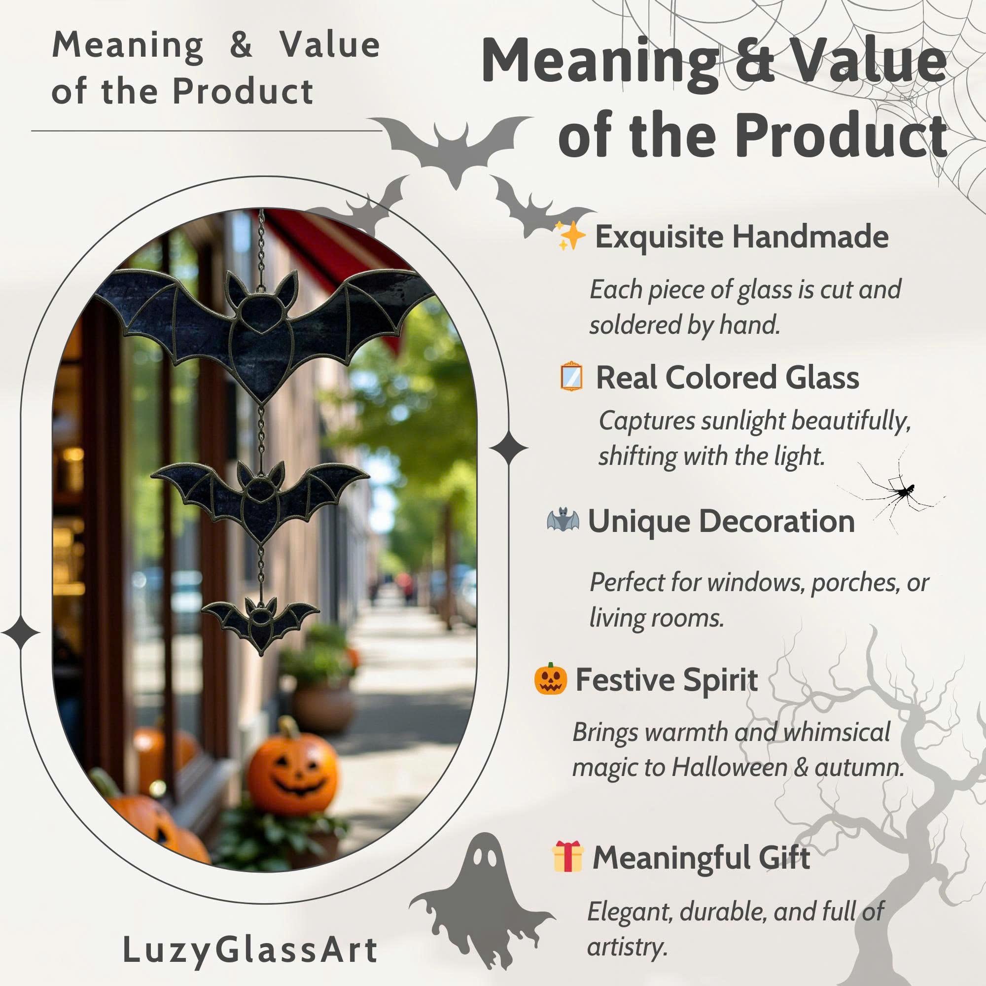 Stained glass bat suncatcher poster highlighting product meaning, whimsical decor, and handmade value.