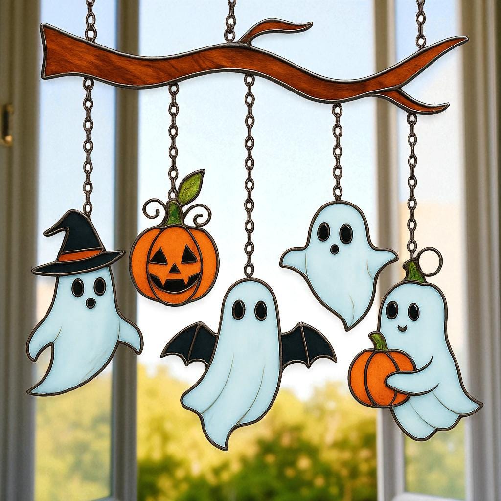 Halloween stained glass suncatcher with three ghosts and pumpkin for festive window decoration.