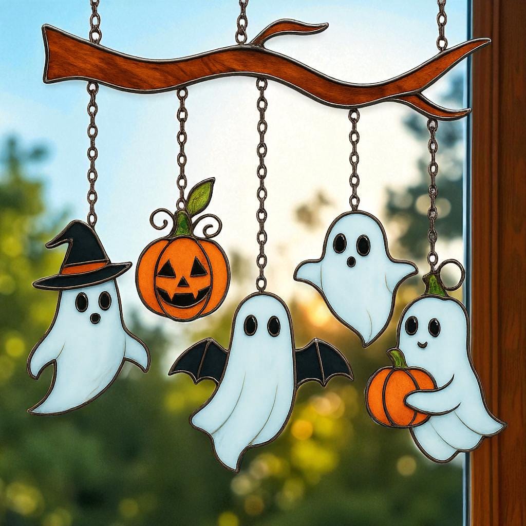 Halloween stained glass suncatcher with cute ghost and pumpkin hanging on branch window decoration.