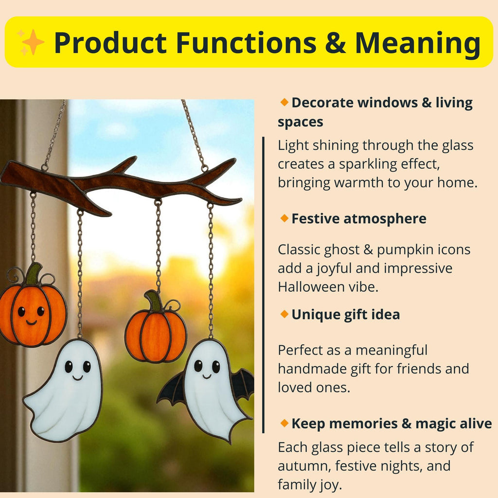 Handmade Halloween stained glass ghost pumpkin suncatcher showing product functions and uses.
