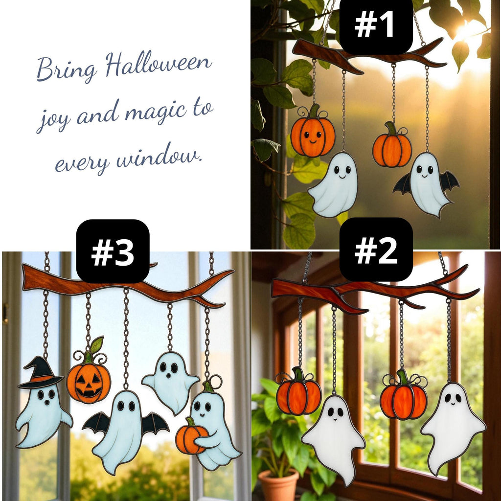 Halloween stained glass ghost pumpkin suncatcher with size measurements for window hanging.