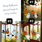 Halloween stained glass ghost pumpkin suncatcher with size measurements for window hanging.