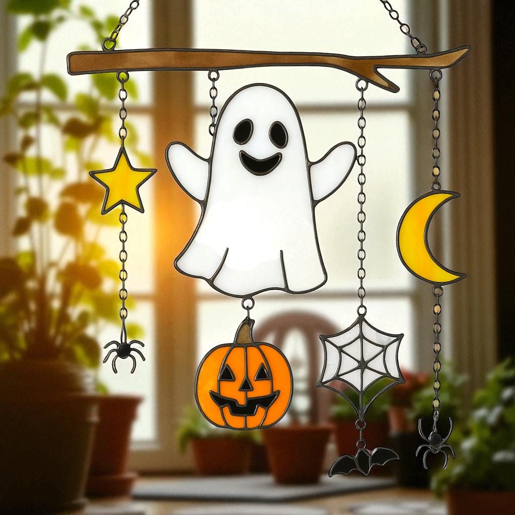 Halloween stained glass ghost and pumpkin suncatcher glowing in sunlight on window.