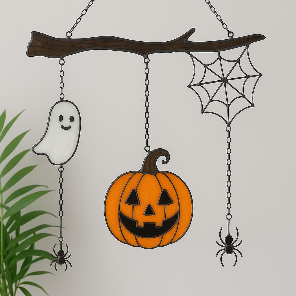 Handmade stained glass ghost pumpkin and spiderweb suncatcher on plain white background.