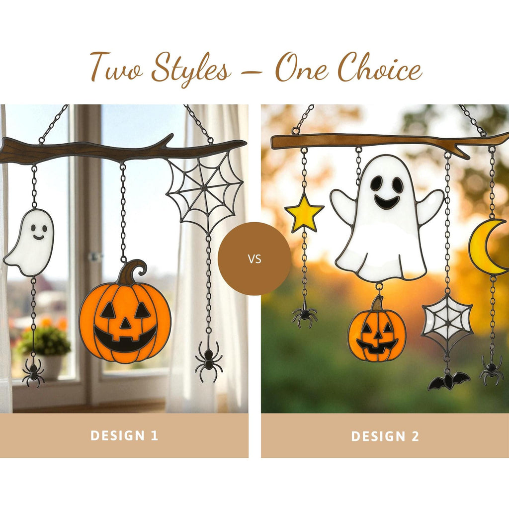 Halloween stained glass ghost and pumpkin suncatcher shining in natural window light.