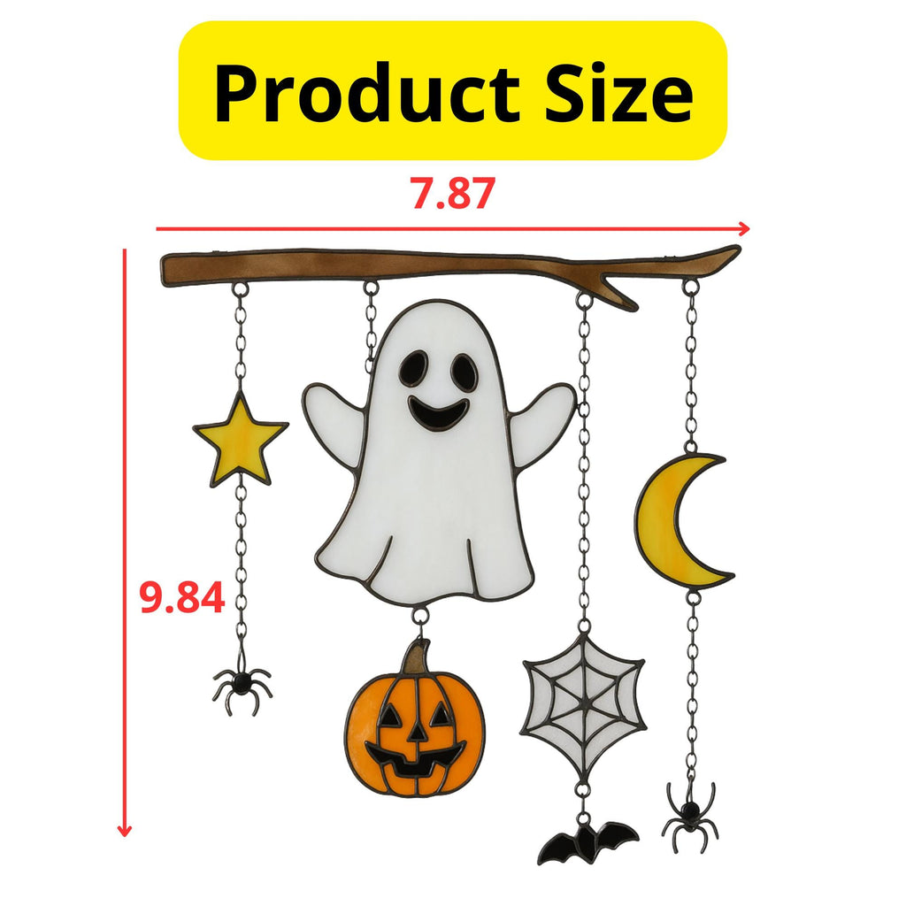 Handmade stained glass Halloween suncatcher featuring ghost, pumpkin, moon, and spiderweb detail.