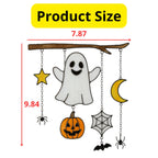 Handmade stained glass Halloween suncatcher featuring ghost, pumpkin, moon, and spiderweb detail.