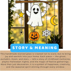 Halloween stained glass suncatcher with ghost, pumpkin, moon, and star – product story and meaning text.