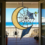 Halloween stained glass hanging with moon and witch house for window décor