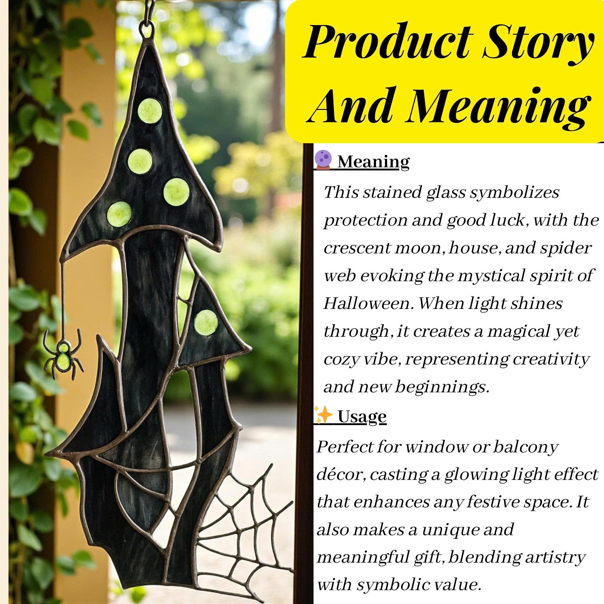 Halloween stained glass dreamcatcher with crescent moon and spooky house décor