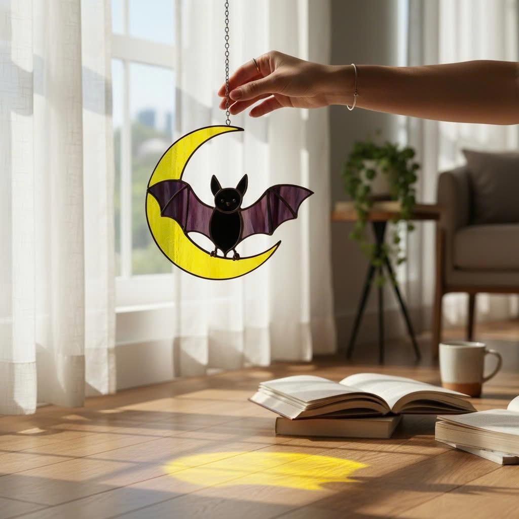 Stained glass bat hanging Halloween ornament for spooky home décor