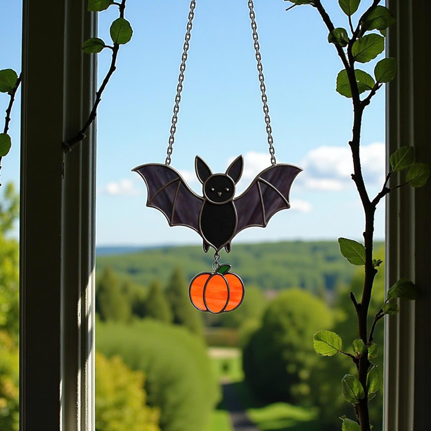 Spooky stained glass bat ornament for Halloween gothic window decoration
