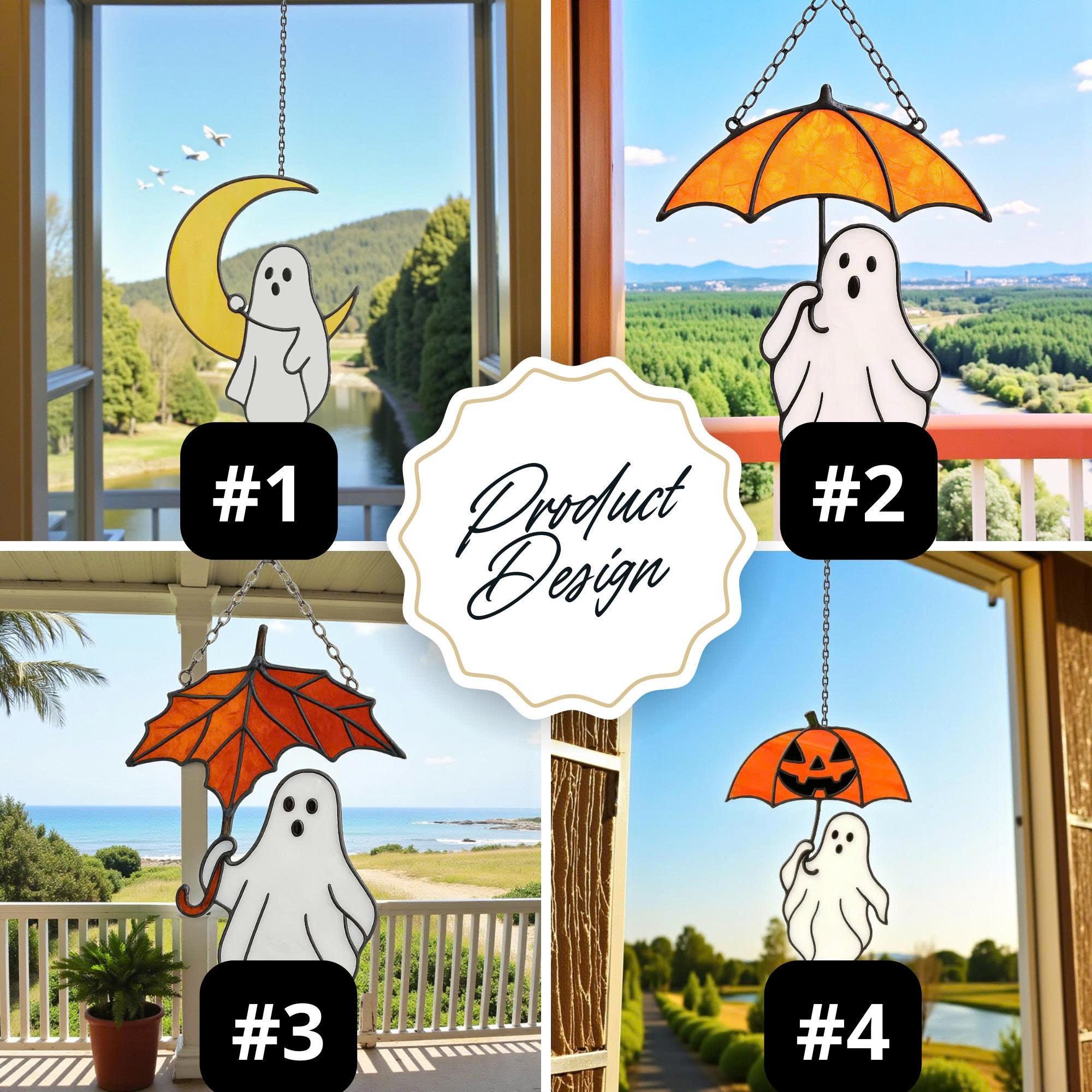 Handcrafted stained glass ghost Halloween ornament with pumpkin umbrella