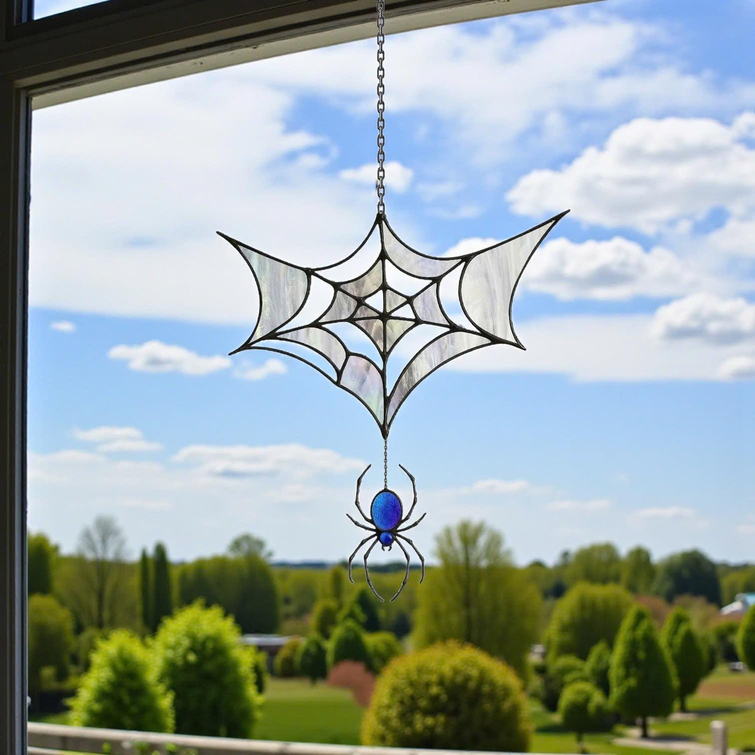 Halloween stained glass spider web suncatcher spooky window décor