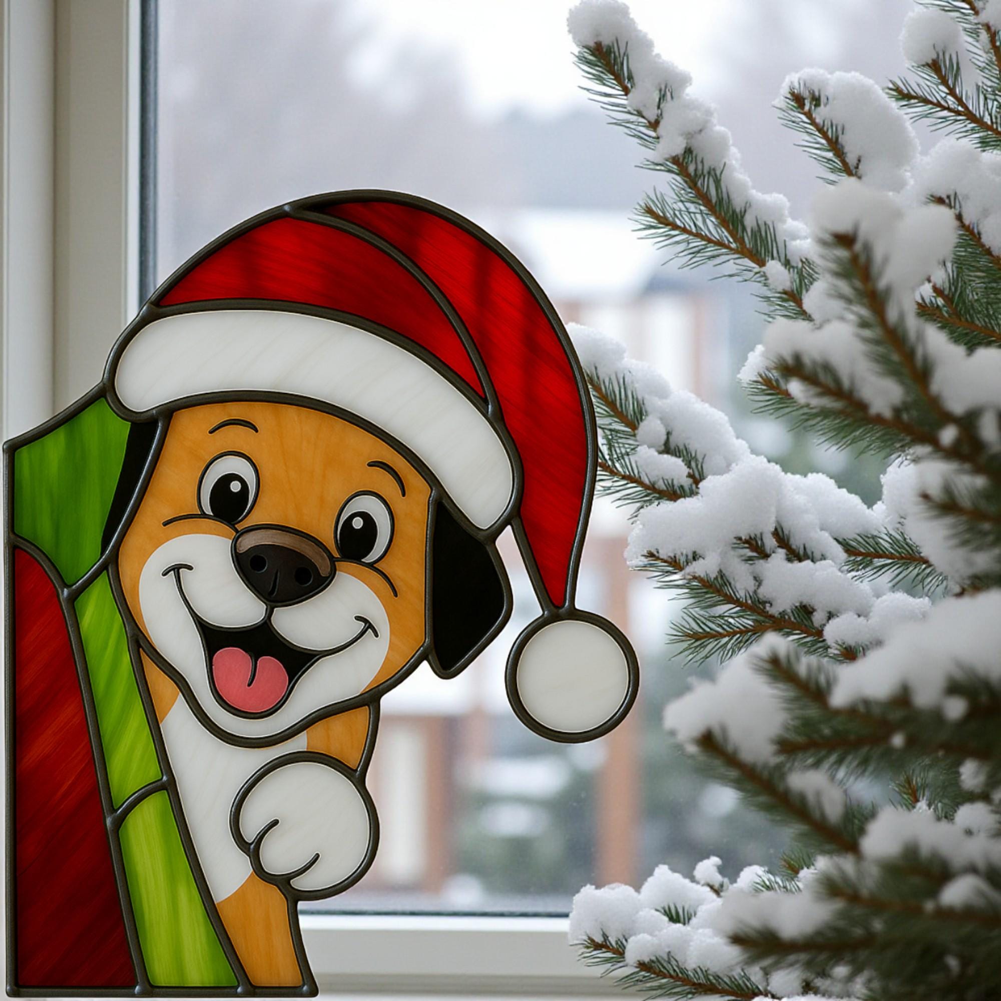 Stained Glass Cat & Dog Christmas Suncatcher|Handmade Pet Ornament,Peekaboo Animal Window Decor, Holiday Gift, Cute Wall Art for Home Lovers