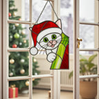 Stained Glass Cat & Dog Christmas Suncatcher|Handmade Pet Ornament,Peekaboo Animal Window Decor, Holiday Gift, Cute Wall Art for Home Lovers