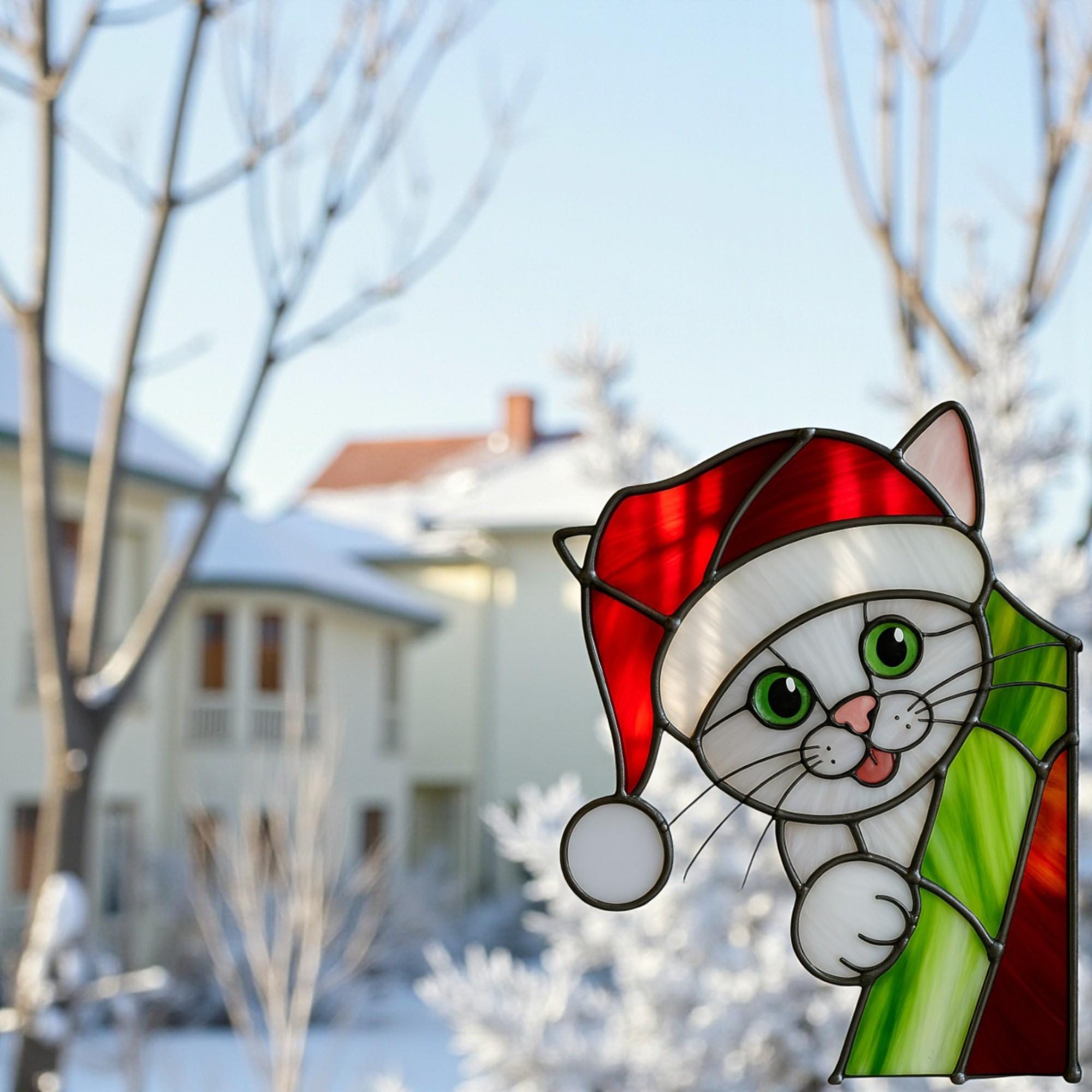 Stained Glass Cat & Dog Christmas Suncatcher|Handmade Pet Ornament,Peekaboo Animal Window Decor, Holiday Gift, Cute Wall Art for Home Lovers