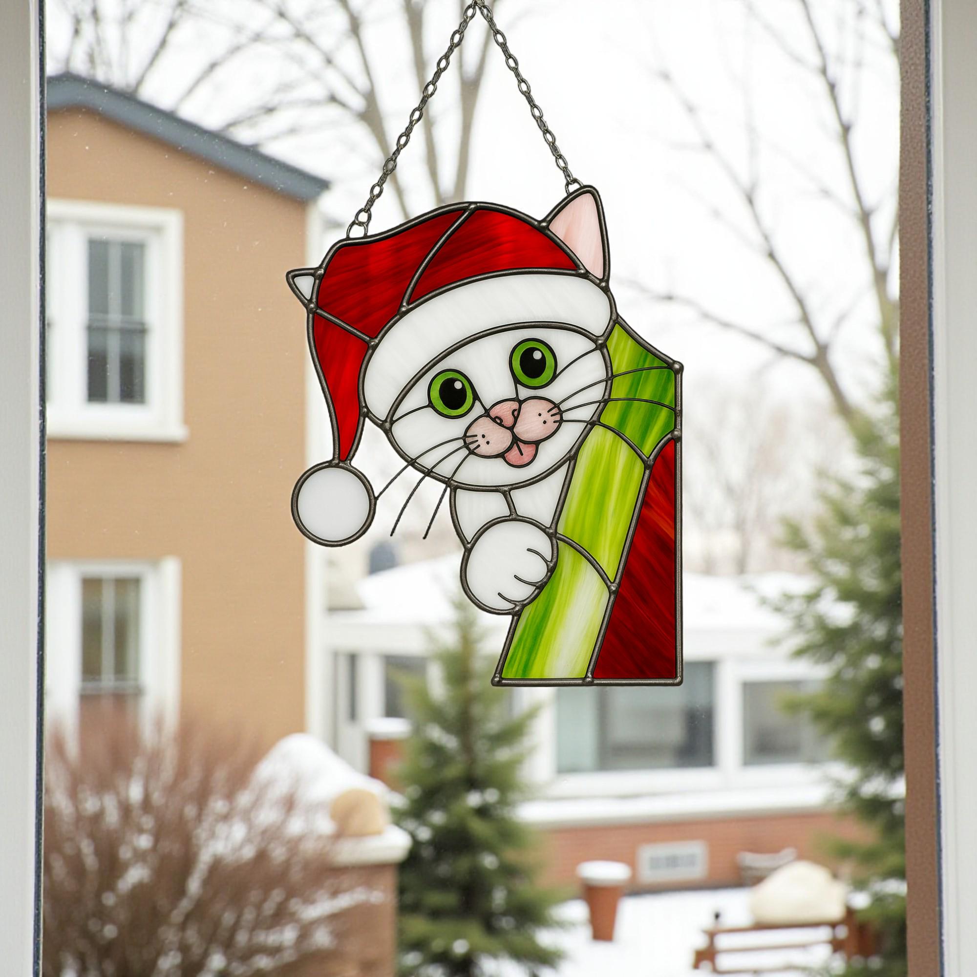 Stained Glass Cat & Dog Christmas Suncatcher|Handmade Pet Ornament,Peekaboo Animal Window Decor, Holiday Gift, Cute Wall Art for Home Lovers