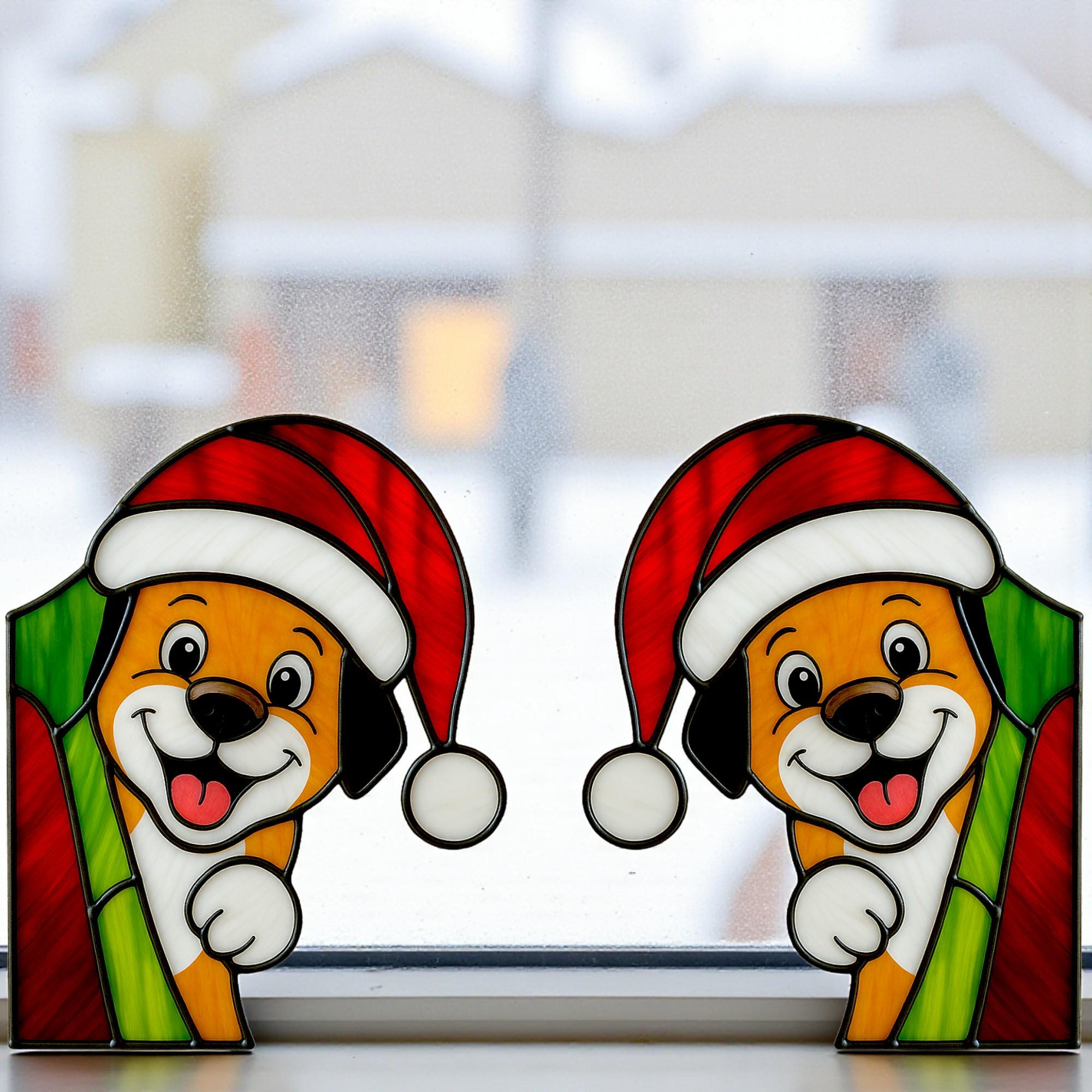 Stained Glass Cat & Dog Christmas Suncatcher|Handmade Pet Ornament,Peekaboo Animal Window Decor, Holiday Gift, Cute Wall Art for Home Lovers