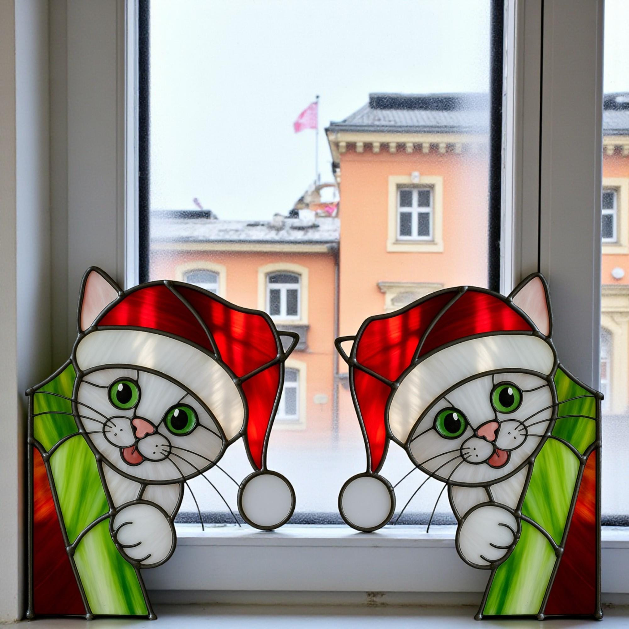 Stained Glass Cat & Dog Christmas Suncatcher|Handmade Pet Ornament,Peekaboo Animal Window Decor, Holiday Gift, Cute Wall Art for Home Lovers