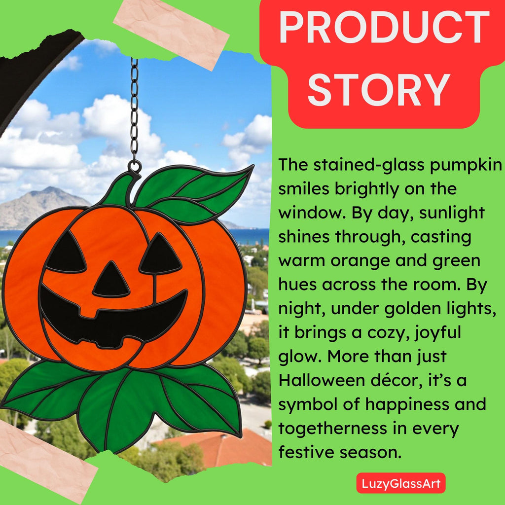 Handcrafted stained glass pumpkin Halloween window ornament décor