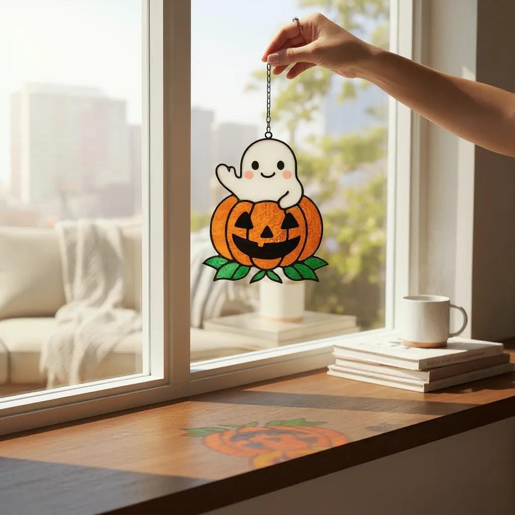 Halloween stained glass ghost with pumpkin window ornament fall decoration