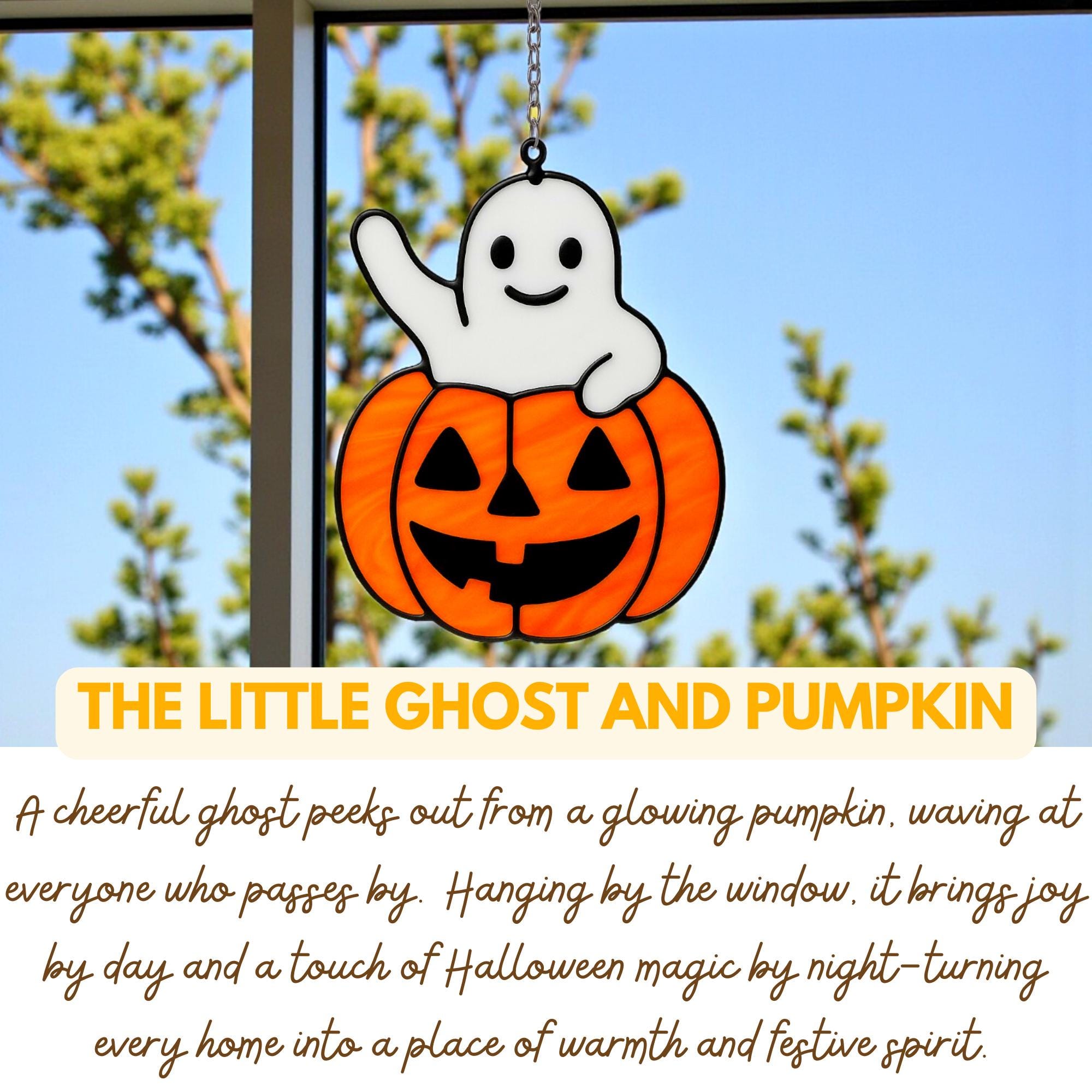 Handcrafted stained glass ghost with pumpkin Halloween decoration for windows