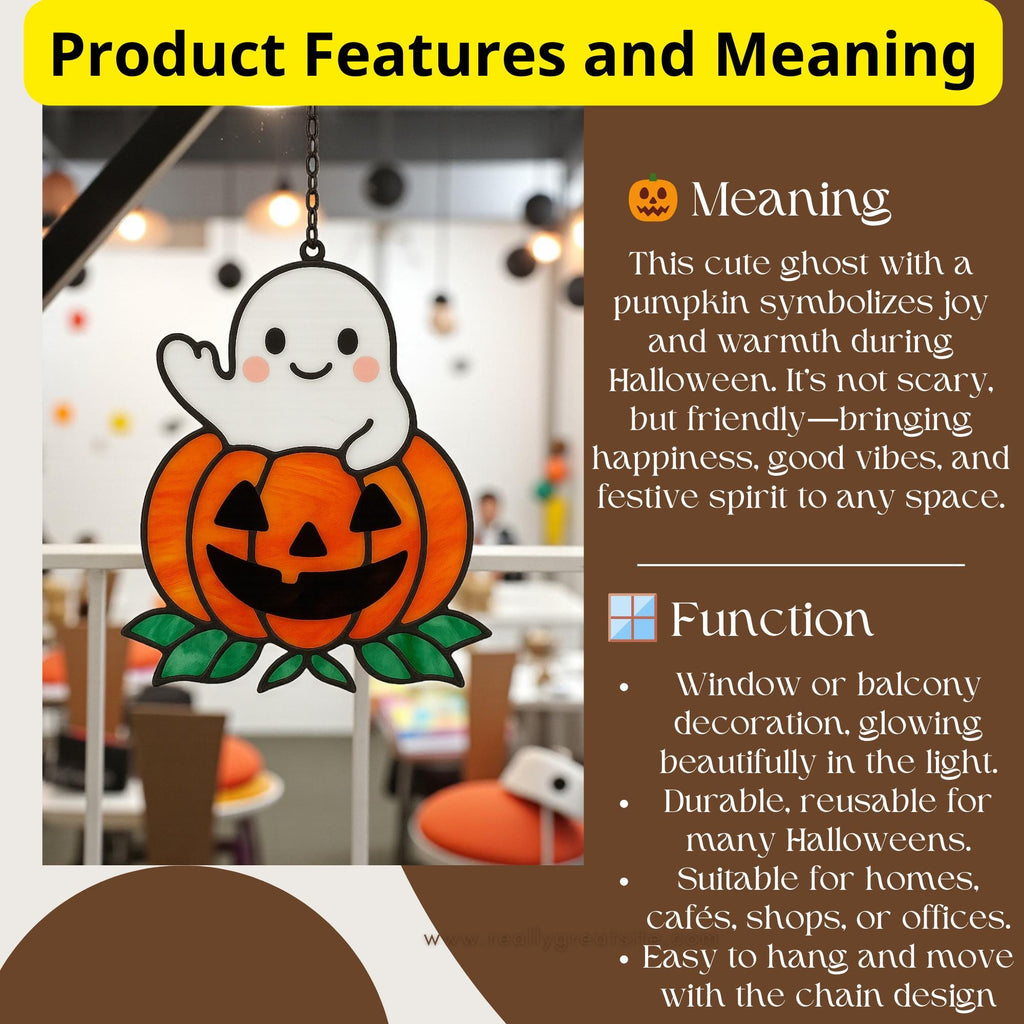 Halloween stained glass ghost pumpkin ornament for witchy gothic décor